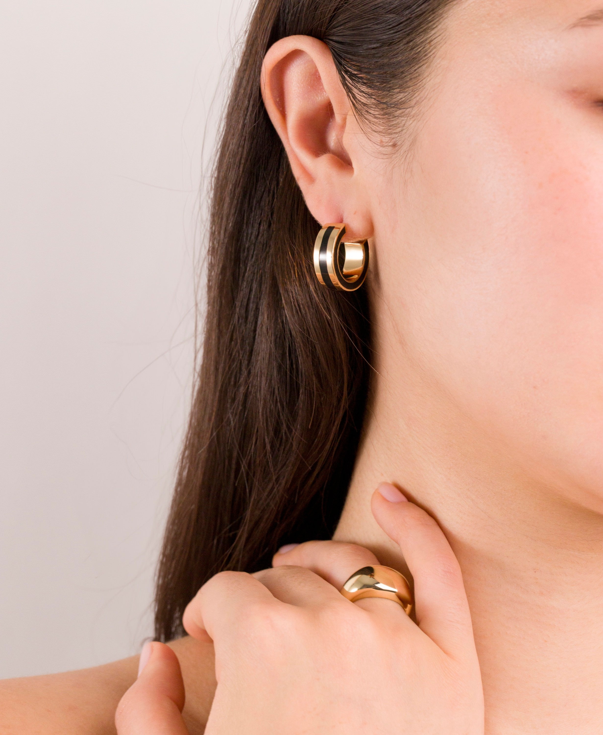 Gold Plated Black Enamel C-Hoop Earrings