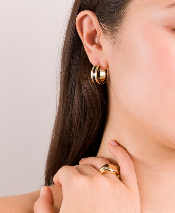 Gold Plated Black Enamel C-Hoop Earrings