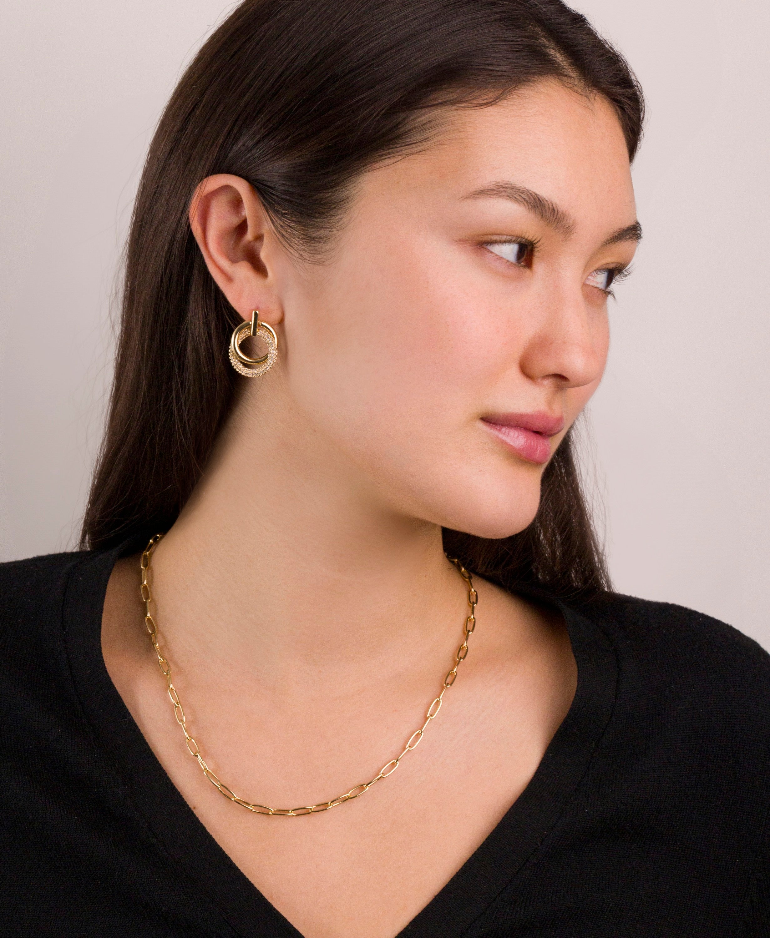 Pave Double Hoop Drop Earrings in Gold