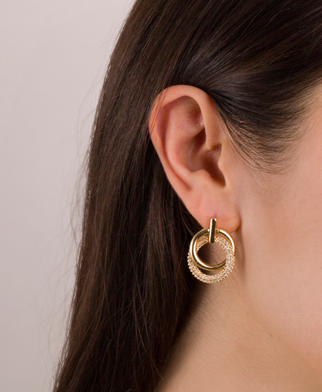 Pave Double Hoop Drop Earrings in Gold