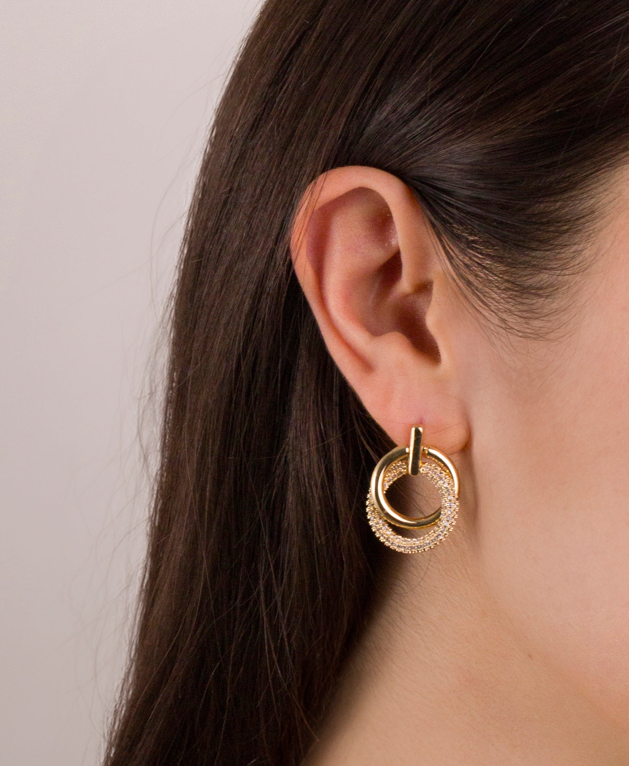 Pave Double Hoop Drop Earrings in Gold