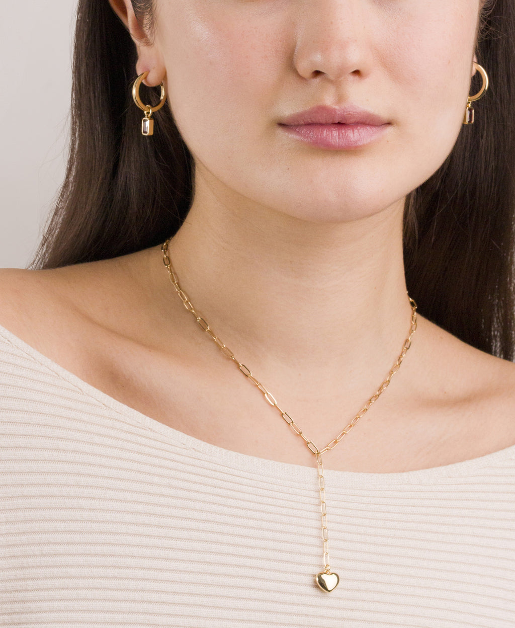 Paperclip Chain Y Necklace with Heart Charm in Gold