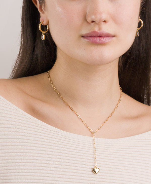 Paperclip Chain Y Necklace with Heart Charm in Gold
