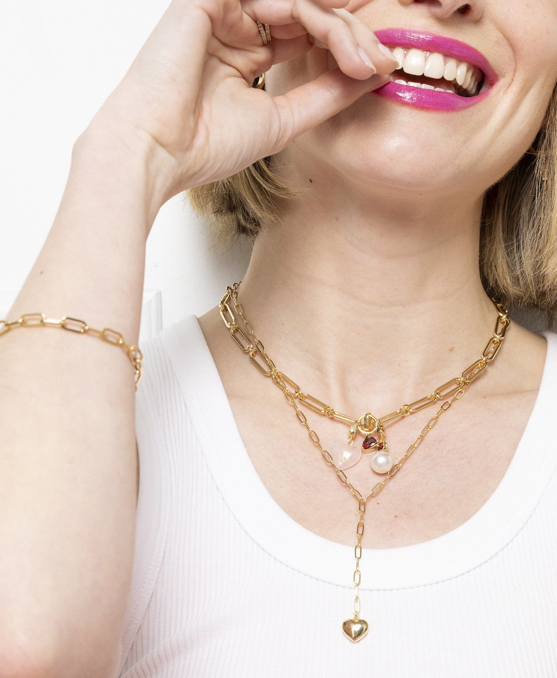 Paperclip Chain Y Necklace with Heart Charm in Gold
