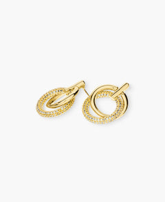 Pave Double Hoop Drop Earrings in Gold