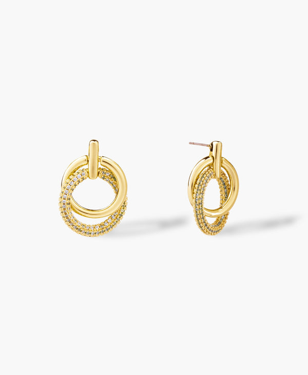 Pave Double Hoop Drop Earrings in Gold