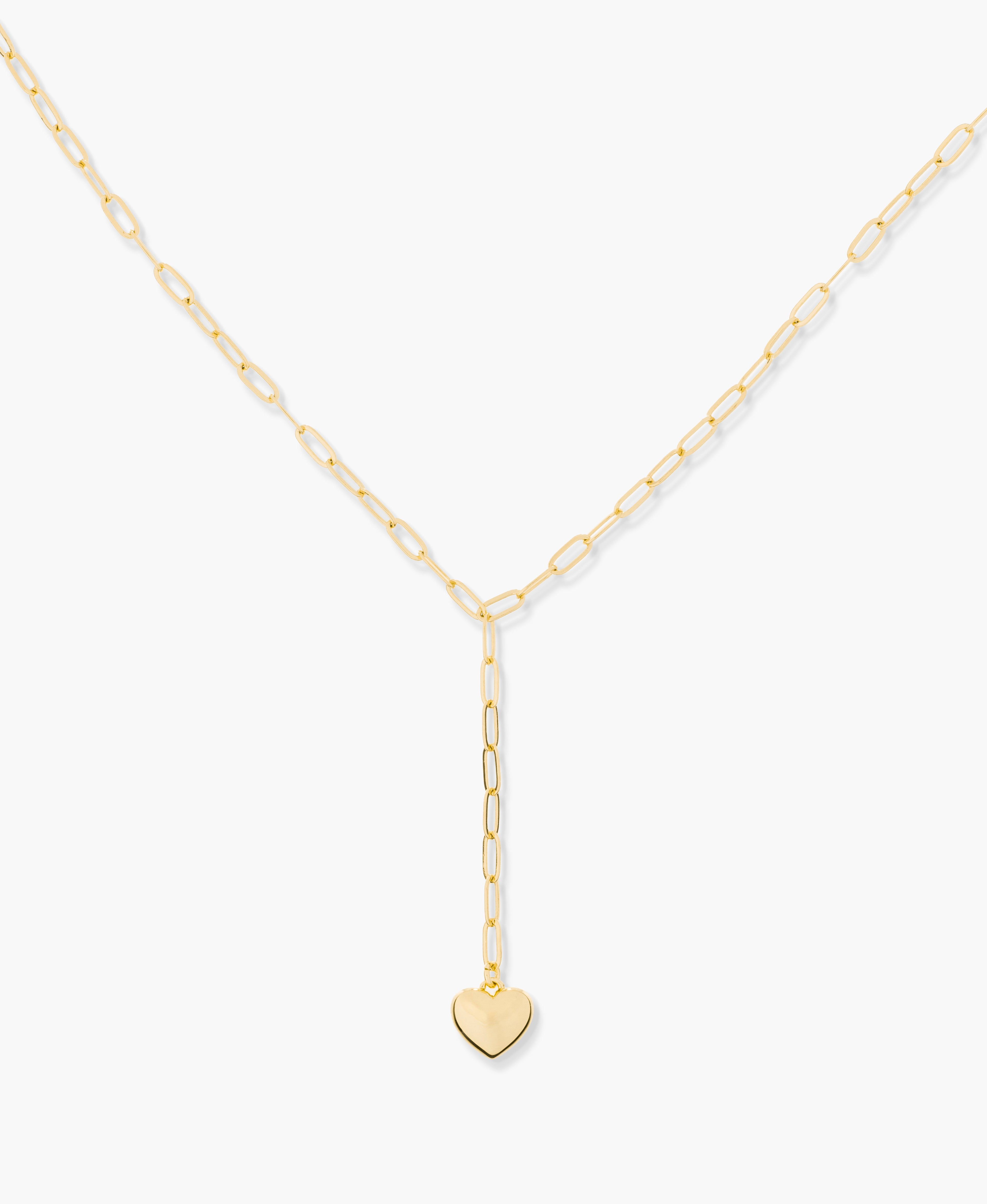 Paperclip Chain Y Necklace with Heart Charm in Gold